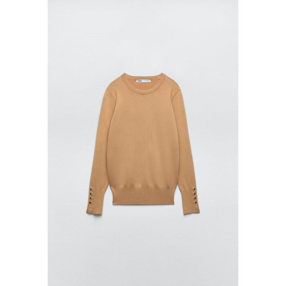 Zara Tan Camel Gold Button Trim Crew Neck Long Sleeve Pullover Sweater (NWT)